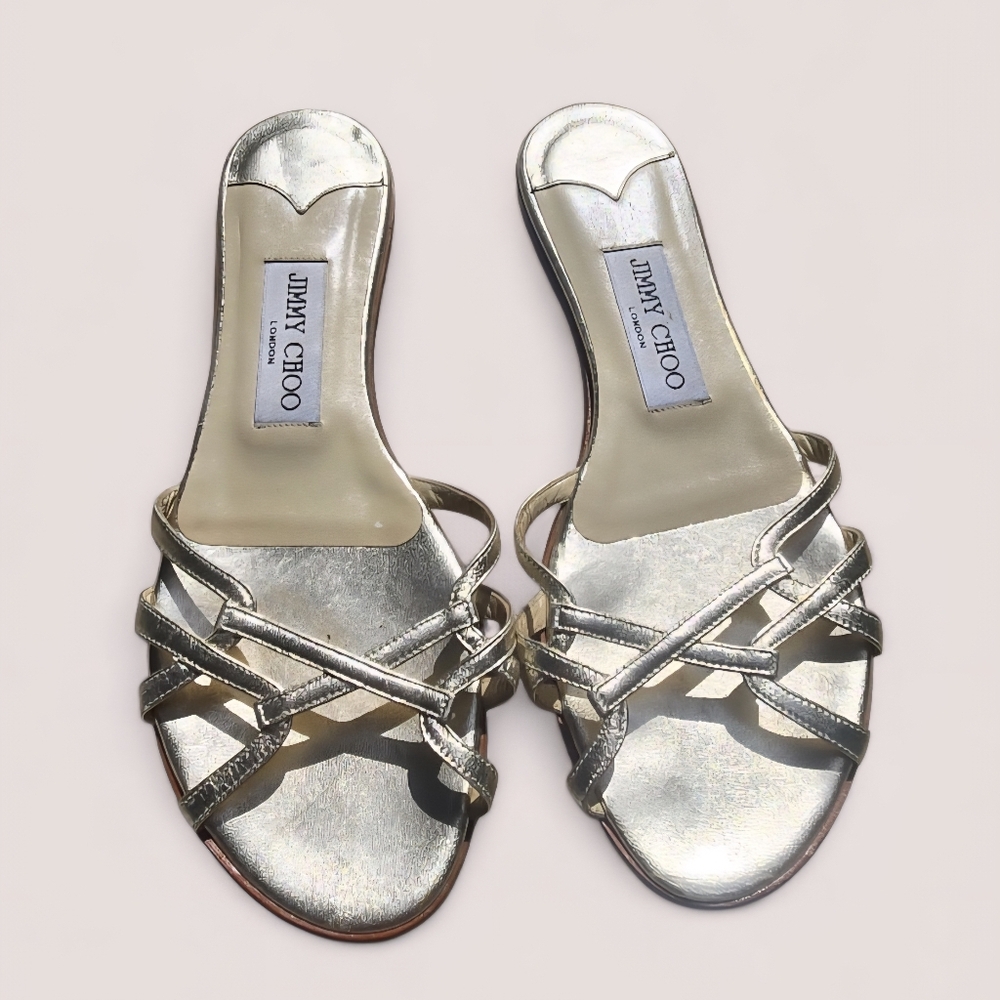 JIMMY CHOO GOLD FLAT LEATHER SLIDE SANDALS